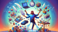 Create an image depicting a multitasking individual who is balancing five side hustle activities simultaneously, such as freelance writing, ridesharing, online tutoring, selling handmade crafts, and doing gig economy tasks. Each activity is represented with symbols or mini-scenes around the person. Ensure the overall tone is dynamic and energetic, with elements of modern technology and a sense of urgency.