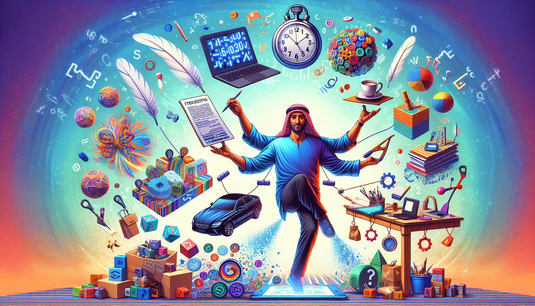 Create an image depicting a multitasking individual who is balancing five side hustle activities simultaneously, such as freelance writing, ridesharing, online tutoring, selling handmade crafts, and doing gig economy tasks. Each activity is represented with symbols or mini-scenes around the person. Ensure the overall tone is dynamic and energetic, with elements of modern technology and a sense of urgency.