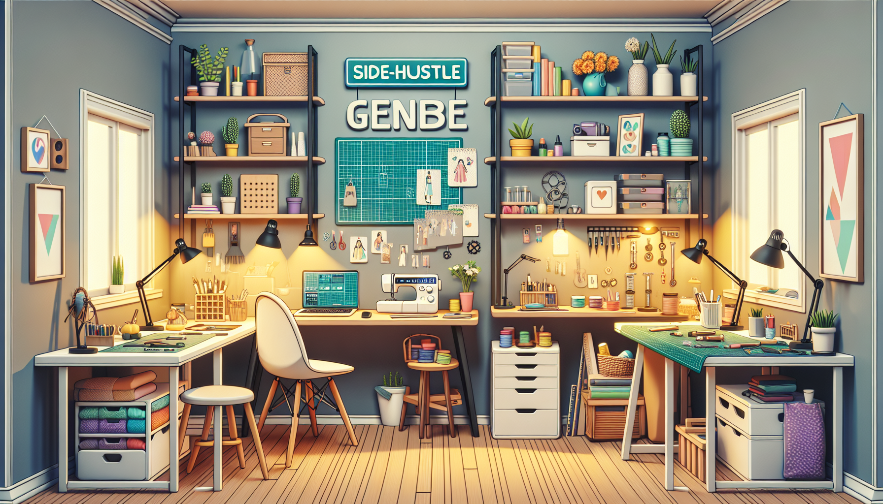 Create an image that showcases a cozy home office with multiple side-hustle setups. The room has a desk with a laptop showing a freelance writing platform, a table with a sewing machine and handmade crafts, a shelf filled with neatly organized gig economy supplies, and a corner dedicated to an online tutoring setup with educational materials. The scene should be inviting and well-lit, emphasizing productivity and creativity in a home environment.