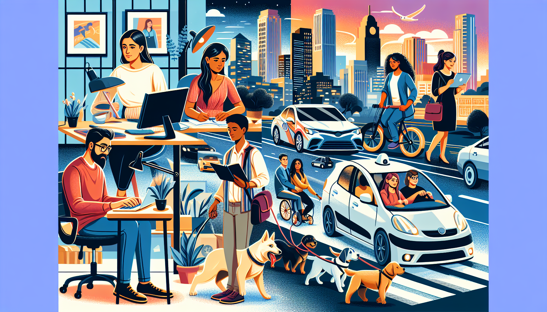 Create an illustration showcasing diverse people engaging in various side jobs to make extra money, such as freelance graphic designing on a computer, a person driving passengers in a car for a rideshare service, someone tutoring a student at a desk, a craftsman making handmade jewelry, and another person walking several dogs. The background should depict a dynamic cityscape that blends seamlessly from day to night, emphasizing the hustle and bustle of modern side gigs.