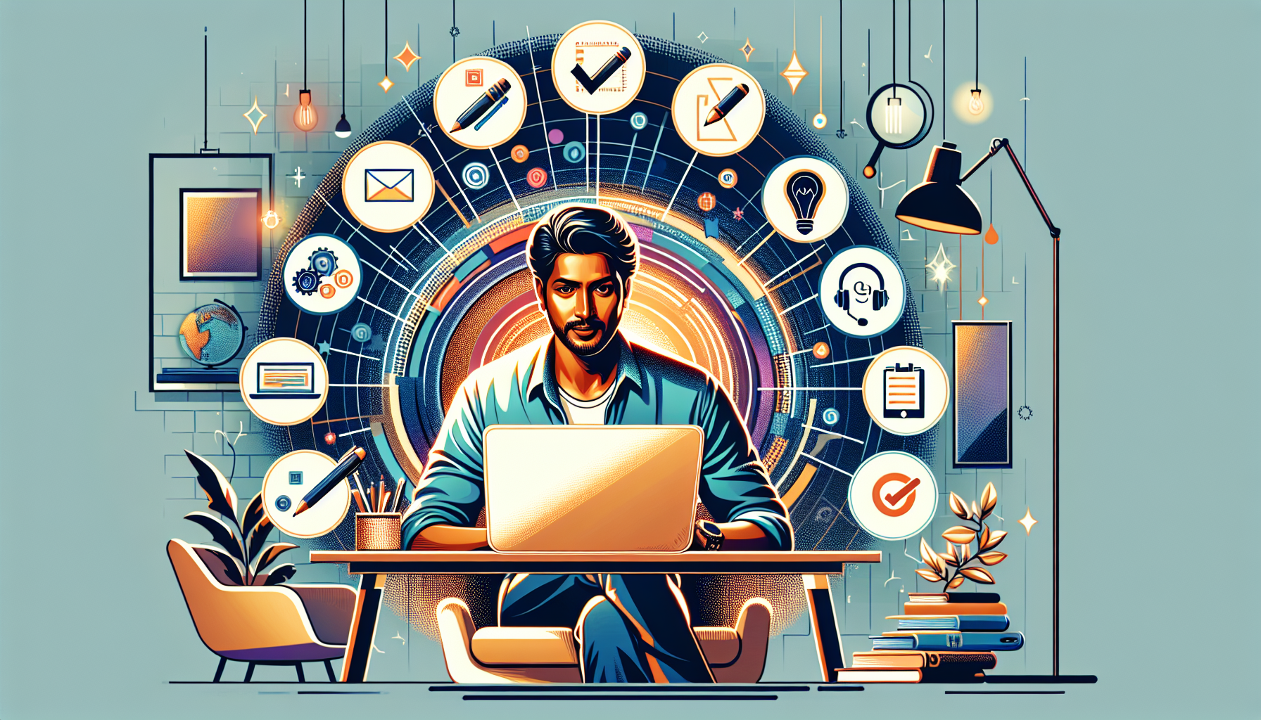 Create an illustration that showcases various online side hustles to make money quickly. The image should include a person working from their laptop at a stylish home office, surrounded by icons and symbols representing different side hustles such as freelance writing, graphic design, tutoring, virtual assistance, online surveys, and e-commerce. The background should be modern and vibrant, giving a sense of dynamism and opportunity.