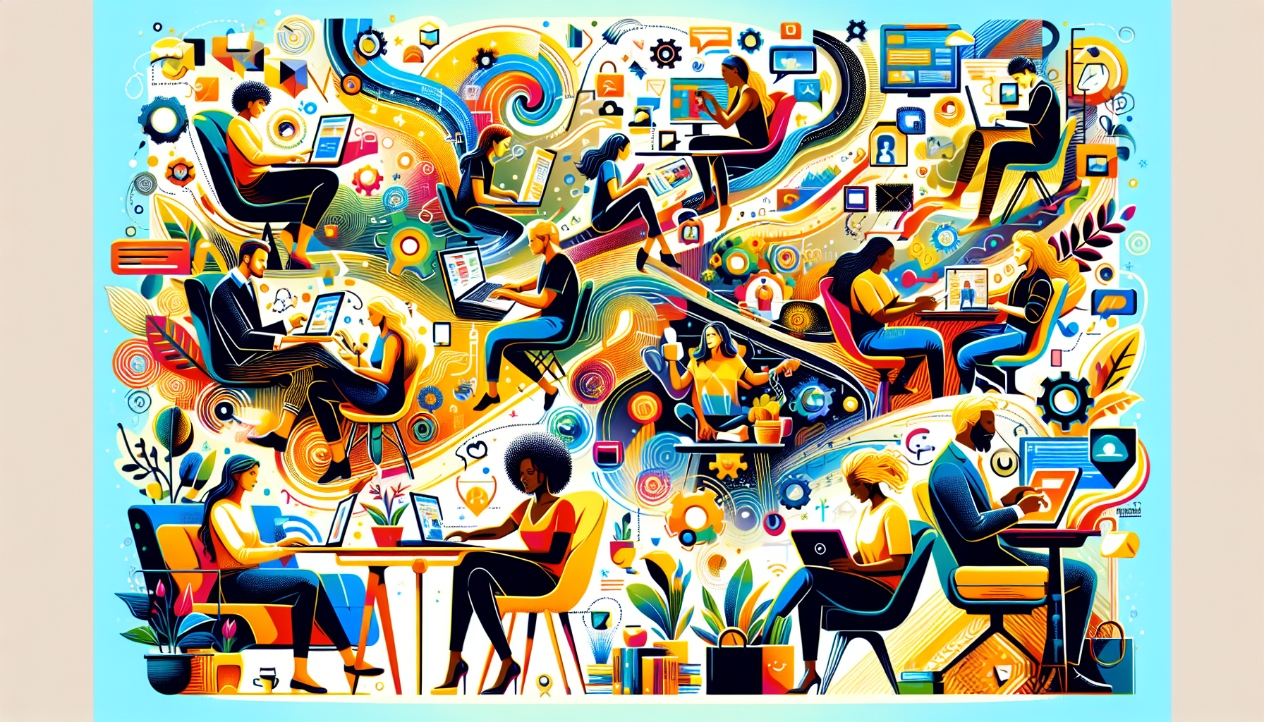 Create an illustration of a diverse group of people engaging in various online side hustles, such as freelance writing, graphic design, tutoring, virtual assistance, and e-commerce. They are working on laptops and tablets in cozy home environments or trendy coffee shops. The backdrop features a digital world theme with icons and symbols representing different online platforms and technologies. The overall vibe should be energetic, modern, and inspiring.