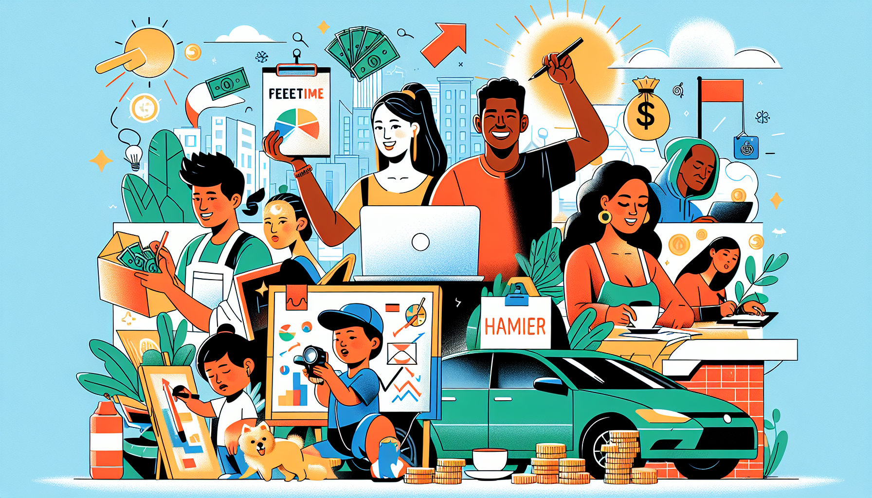 Create an image showcasing a vibrant collage of various part-time side hustles. Include elements such as a laptop with freelance work on the screen, someone tutoring kids, a person driving for a rideshare company, a food delivery person with a bag, an artist painting, a photographer snapping photos, and someone walking a dog. The background should incorporate symbols of financial growth like coins, money bags, and upward arrows. Use a bright and energetic color palette to evoke positivity and motivation.