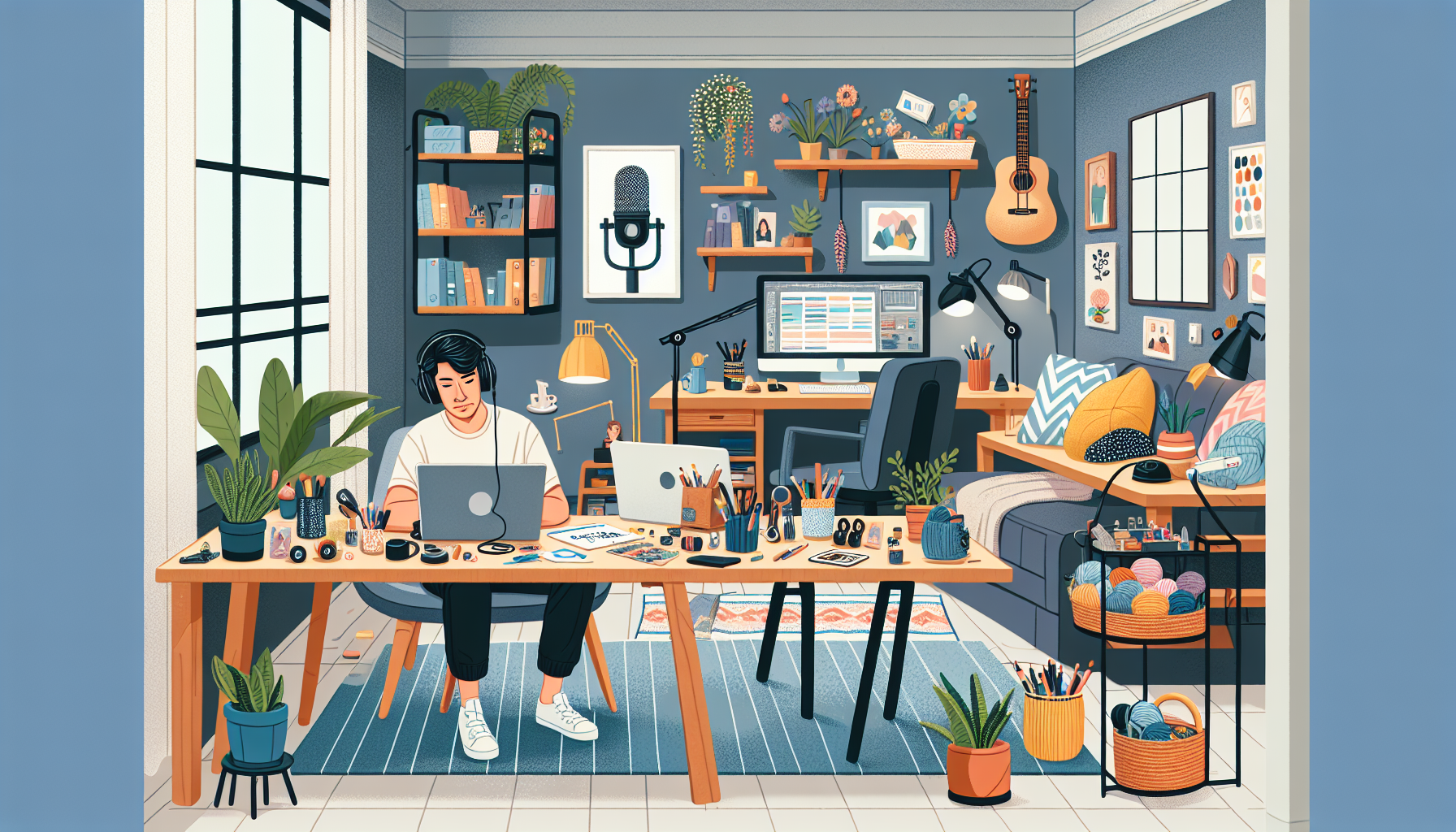 Create an image of a cozy home office where a person is engaged in various side hustles. The room should have a computer desk with a laptop open to a freelance writing project, a table with handmade crafts and art supplies, a corner where someone is recording a podcast, and a bookshelf with online course materials. The overall atmosphere should be productive and inspiring, reflecting the versatility and creativity of home-based side jobs.