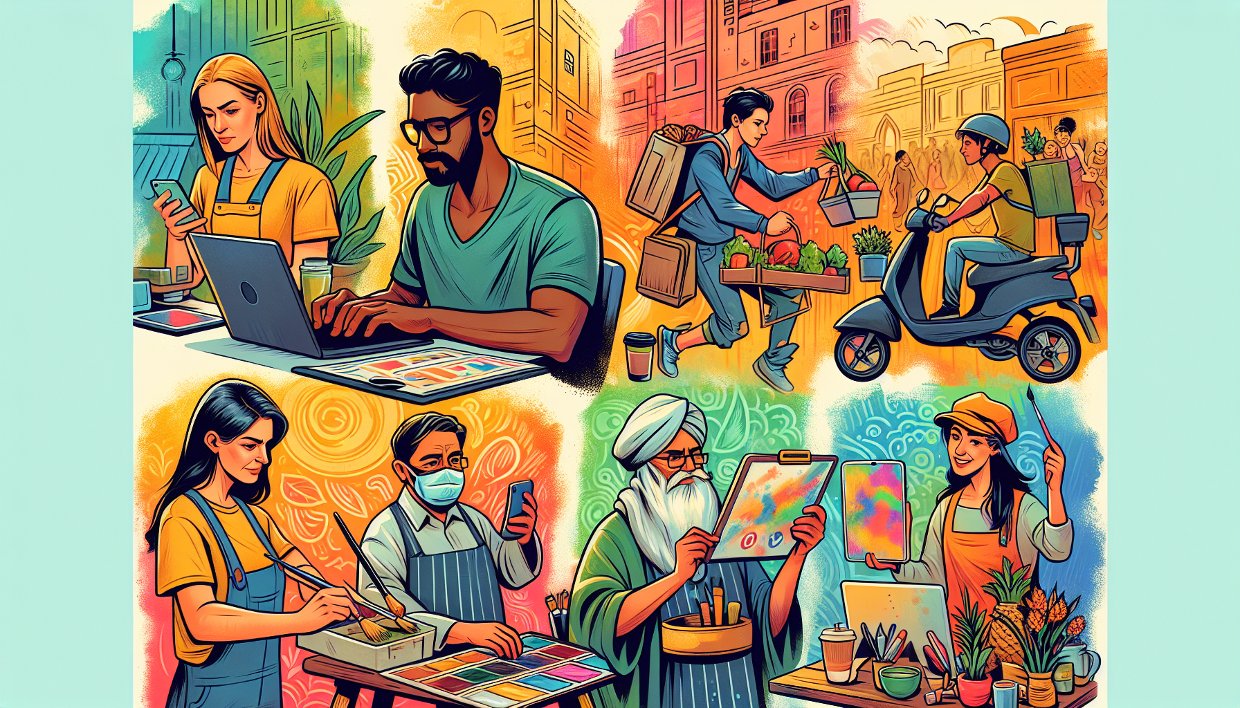 Create an image of a diverse group of people engaging in various side hustles in 2023. Show a freelancer working on a laptop, a person delivering groceries, an artist painting at an easel, a tutor teaching a student online, and a craftsperson selling handmade goods at a market stall. Use a vibrant color palette to convey the energy and enthusiasm of the gig economy.