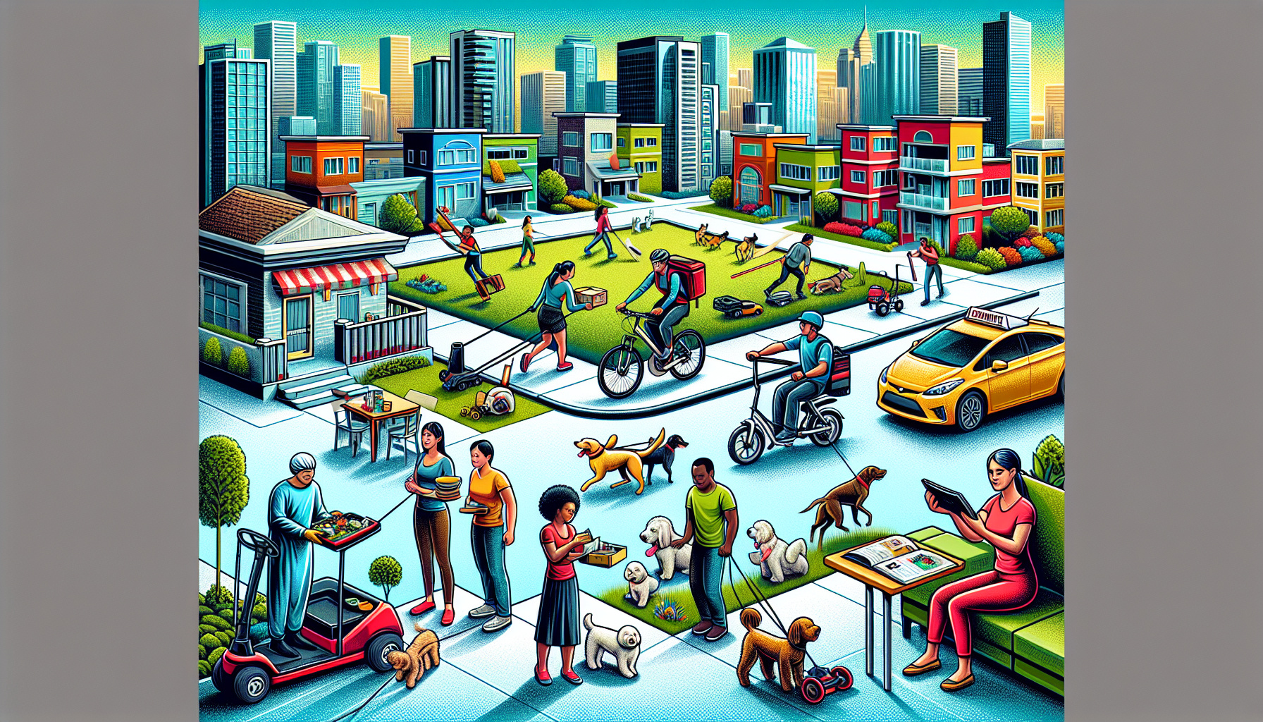 An illustration of a diverse group of people engaged in various side jobs to earn extra money. One person is delivering food on a bicycle, another is walking dogs, and a third is tutoring a child at a desk. Nearby, someone is mowing a lawn, while another person is driving a ride-share car. The background is a vibrant cityscape with apartment buildings and small businesses, capturing the hustle and bustle of urban life.