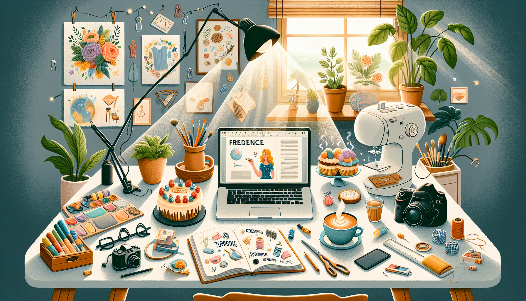 A cozy home office setting with items symbolizing various home-based side jobs: a laptop with freelance writing on the screen, art supplies for online tutoring, a camera for virtual assistant work, a sewing machine, a baking setup with decorated cakes, an open book with proofreading notes, and a plant-filled background suggesting a comfortable and inspiring workspace. Sunlight streams through a window, highlighting the diversity of ways to make money from the comfort of home.