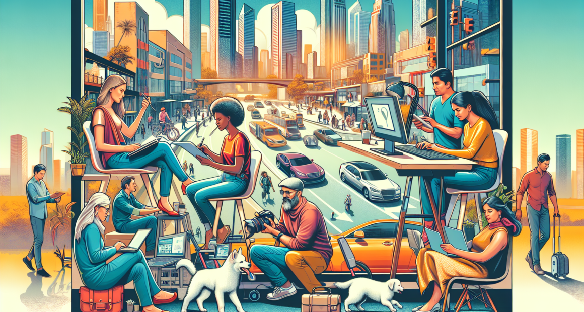 Create an image showcasing a vibrant, modern workspace with a variety of people engaged in different side jobs. Include activities such as freelance graphic design on a tablet, online tutoring, someone driving for a ride-sharing service, a person walking a dog, and another taking photographs. The background should depict a lively cityscape with hints of both technological advancement and personal engagement.
