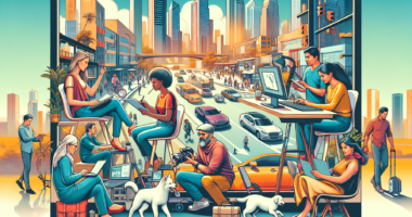 Create an image showcasing a vibrant, modern workspace with a variety of people engaged in different side jobs. Include activities such as freelance graphic design on a tablet, online tutoring, someone driving for a ride-sharing service, a person walking a dog, and another taking photographs. The background should depict a lively cityscape with hints of both technological advancement and personal engagement.