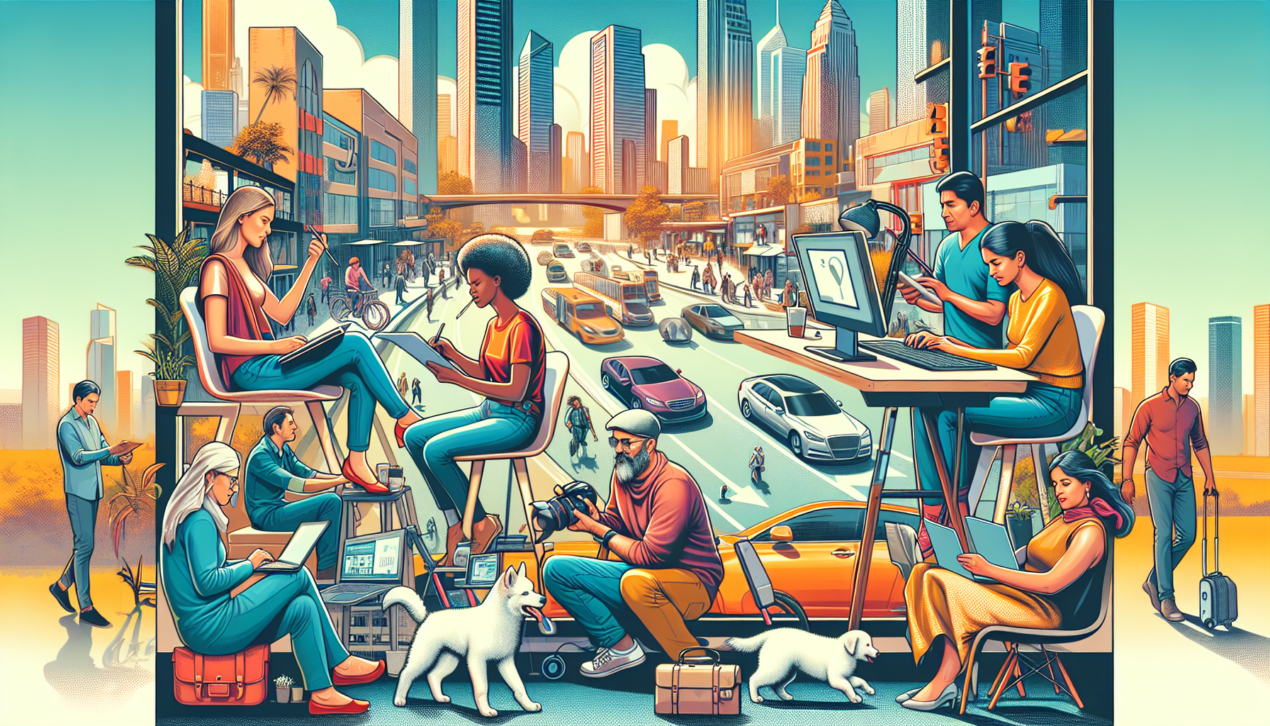 Create an image showcasing a vibrant, modern workspace with a variety of people engaged in different side jobs. Include activities such as freelance graphic design on a tablet, online tutoring, someone driving for a ride-sharing service, a person walking a dog, and another taking photographs. The background should depict a lively cityscape with hints of both technological advancement and personal engagement.