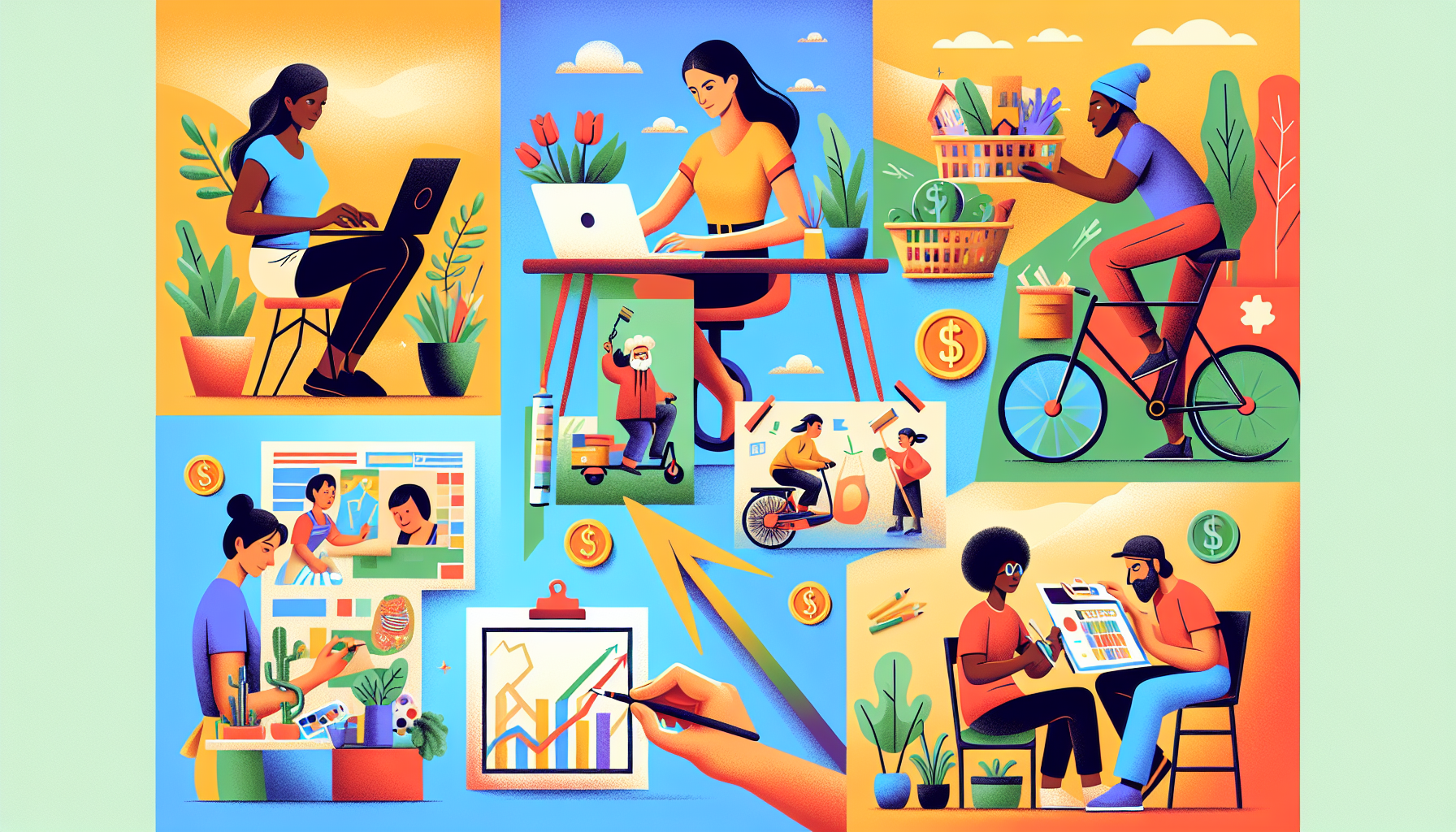 A vibrant illustration of various side hustles in action: a person working on their laptop for freelance writing, another delivering groceries with a bike, someone teaching a virtual class, an artist painting, and a person developing a mobile app—all connected by dollar signs and arrows, symbolizing income growth.