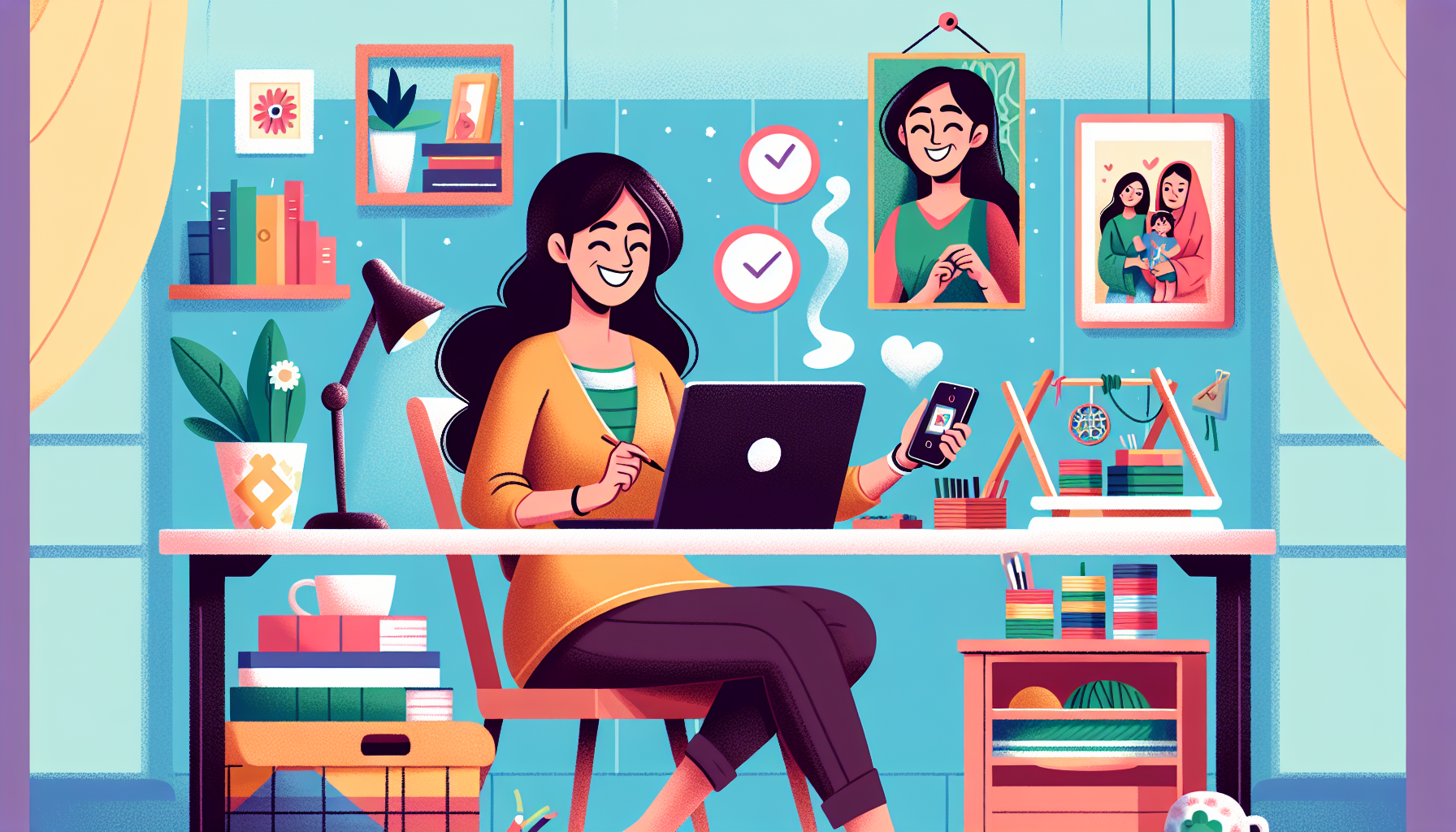 Create an illustrative image of a cheerful person working from a cozy home office, multitasking between a laptop, a smartphone, and a small side business setup like a handmade crafts station. The background should show elements of daily life with family photos, a small bookshelf, and a coffee mug for a homely touch. The atmosphere should be warm and inviting, highlighting the balance between earning money and enjoying personal space.