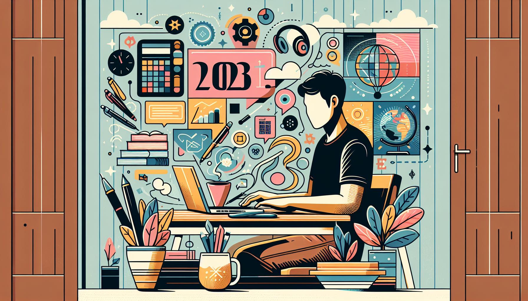 Create a digital illustration of a cozy home setting with a person working on a laptop, surrounded by icons representing different side hustles like freelance writing, graphic design, online tutoring, and digital marketing. The image should also feature a bright calendar on the wall marked with '2023' and a cup of coffee on the desk to convey a productive and comfortable work-from-home atmosphere.