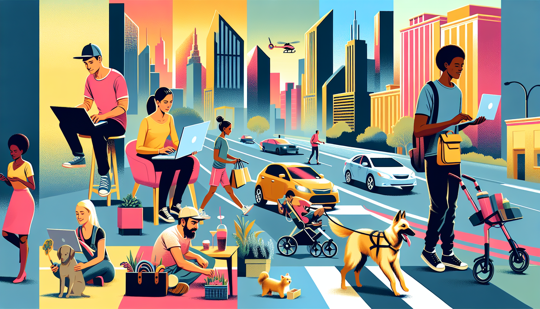 Create an image that showcases diverse individuals engaging in various side hustles for quick and easy money. Include activities such as freelancing on a laptop, driving a car for a ride-sharing service, walking dogs, selling handmade crafts online, and delivering groceries. The background should show a vibrant cityscape, symbolizing the hustle and bustle of urban life. Ensure the scene is lively, dynamic, and visually appealing, with each hustle clearly depicted.