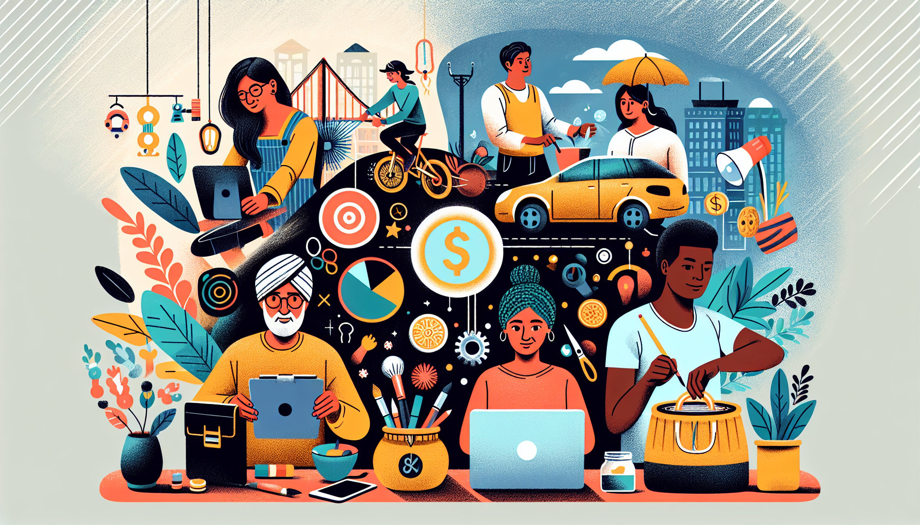 Create a vibrant illustration showcasing a diverse group of people engaging in various side hustles. One person is freelancing on a laptop at a cozy home desk, another is driving for a ride-sharing service, someone else is crafting handmade jewelry in a small workshop, and another person is tutoring a student online. Include elements like gig economy app icons, creative materials, and a money jar labeled 'extra income' to emphasize the theme of earning additional money through side hustles.