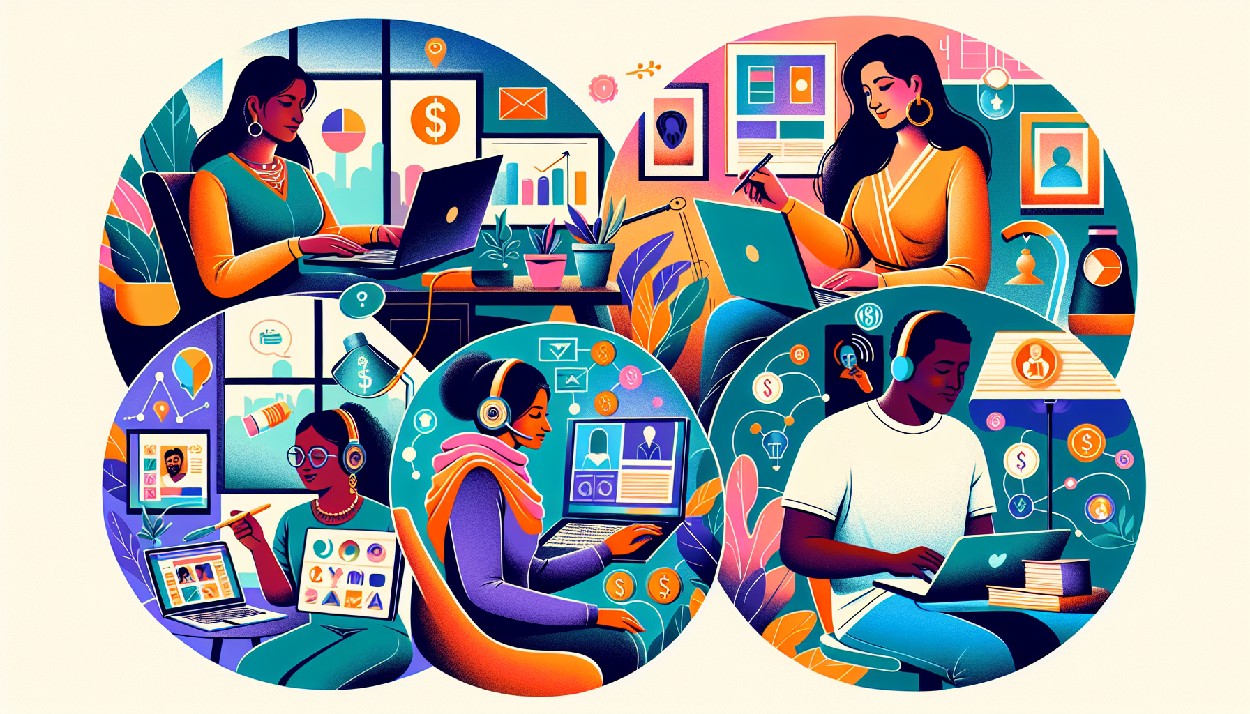 A vibrant illustration depicting various internet side hustles: a person designing graphics on a laptop, another writing a blog, someone offering online tutoring, and another doing affiliate marketing. Each character is working from a cozy, modern home setting, surrounded by icons and elements representing digital tools like money symbols, social media icons, and educational materials.