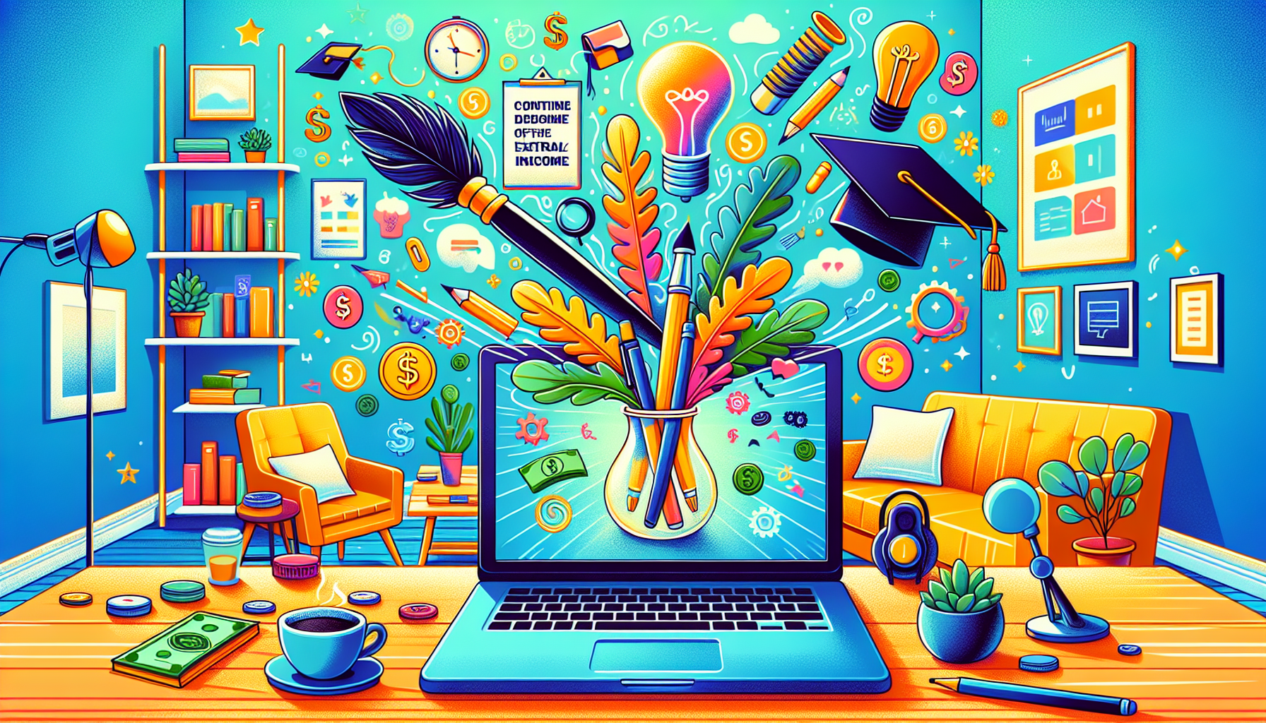 Create a vibrant illustration featuring a laptop on a cozy desk, with various side hustle elements emerging from the screen – such as icons representing freelance writing, graphic design, online tutoring, virtual assistance, and e-commerce. Surround the scene with symbols of extra income like dollar bills, coins, and a piggy bank, all set in a modern home office environment with a cup of coffee and some motivational quotes on the wall.