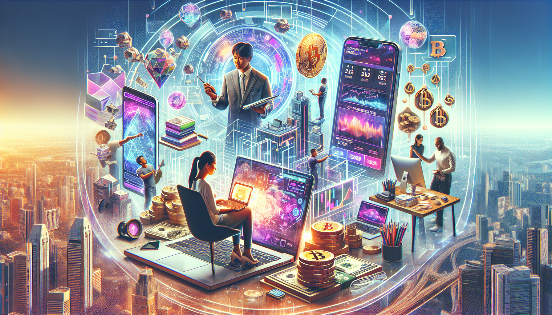 Create an image depicting various online side hustles in 2023, including a person working from home on a laptop, a smartphone showing a successful sale on an online marketplace, a graphic of cryptocurrency trading, digital art creation, and a stack of earnings from freelance gigs. Incorporate modern technology and a vibrant, entrepreneurial atmosphere.