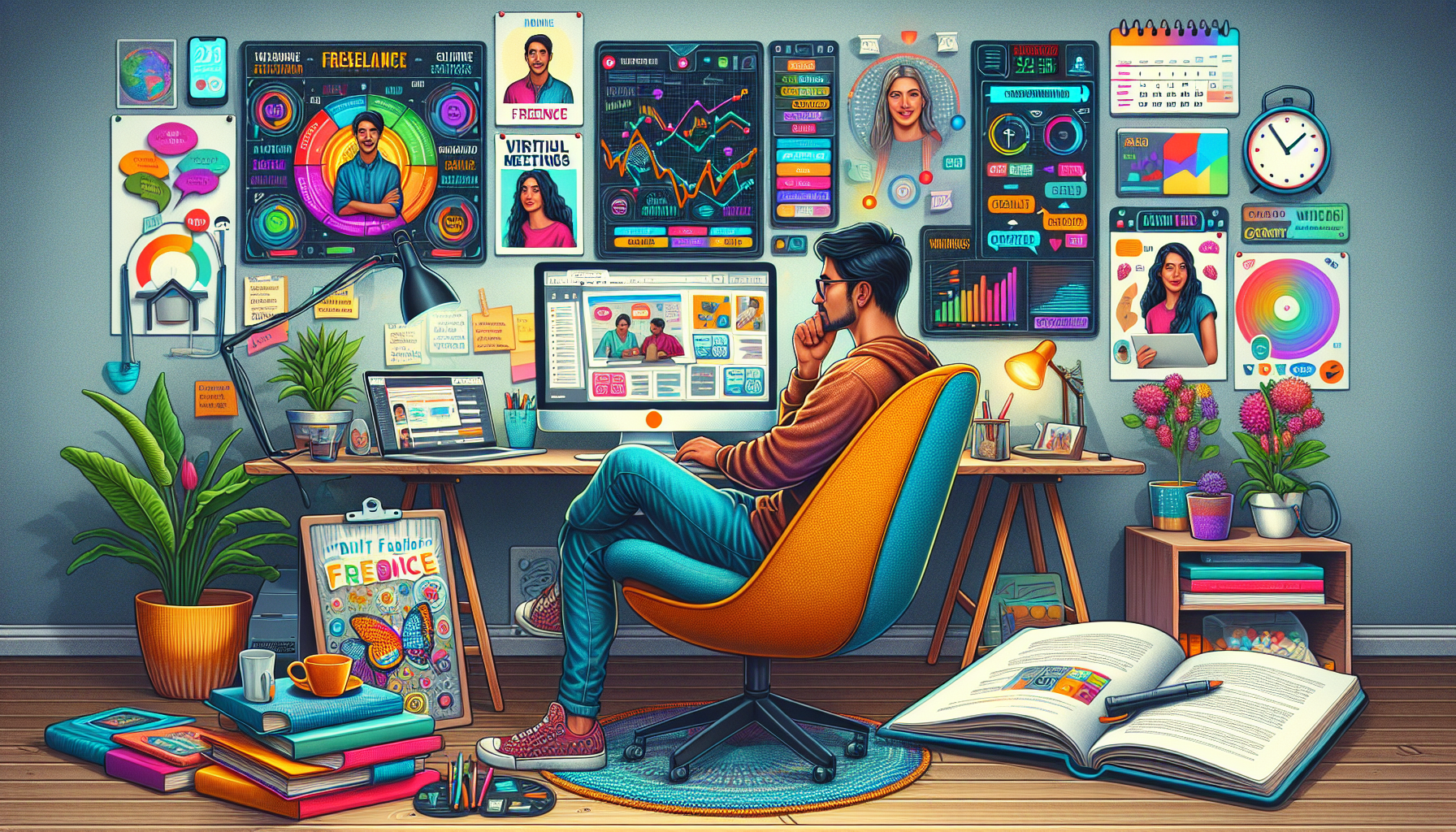 Create a detailed illustration showing a young professional working on multiple online side hustles in a cozy, modern home office. The scene includes a computer with several virtual meeting windows, a tablet showing freelance design work, a smartphone open to a stock trading app, and a notebook with content writing and blogging ideas. Surround the workspace with elements like books on digital marketing, a coffee cup, and a calendar with 2023 highlighted. The background shows a digital whiteboard with tasks like Etsy Shop, Online Tutoring, and Social Media Marketing written on it.