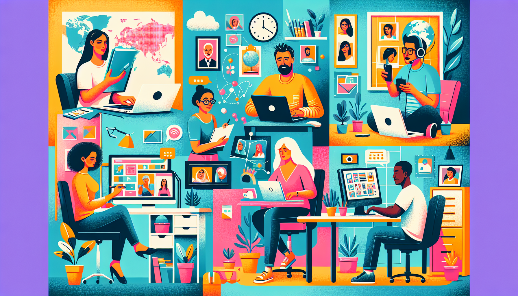 Create a vibrant illustration featuring a diverse group of people engaging in various online side jobs from home. Display scenes of freelance writing, graphic design, virtual teaching, online tutoring, social media management, and e-commerce. Incorporate modern touches like laptops, smartphones, and cozy home office setups with a backdrop of a global digital connection.