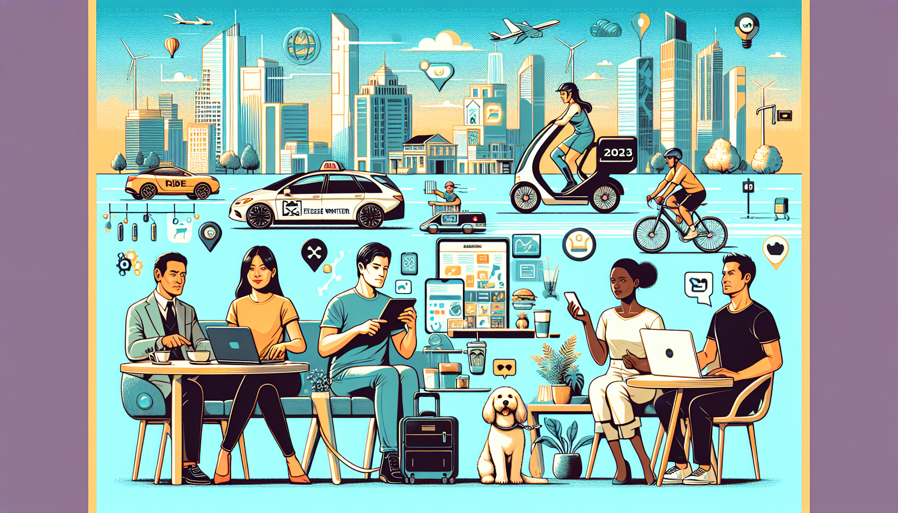 Create an image illustrating a diverse range of side gigs for extra money in 2023. The scene should include a person working on a laptop as a freelance writer, another person driving a car with a rideshare logo, someone delivering food on a bicycle, a person walking dogs, and another running an online shop from their phone. Surrounding them, integrate modern technology elements like smartphones, tablets, and digital apps to represent the 2023 context. The background can show a futuristic cityscape with a blend of urban and suburban settings.