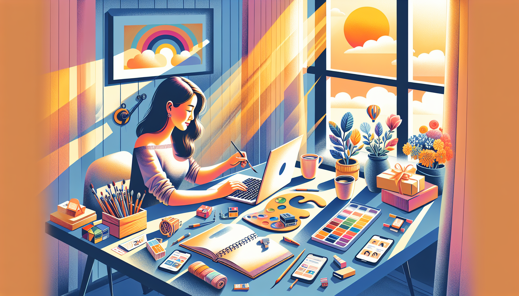 A cozy home office with sunlight streaming through the window, featuring a person working on a laptop at a stylish desk. Surround them with items representing various side gigs: a paint palette and brushes, a freelance writing notebook, a smartphone with a social media app open, a stack of books for tutoring, and a small parcel for e-commerce. The scene should evoke productivity, creativity, and the comfort of working from home.