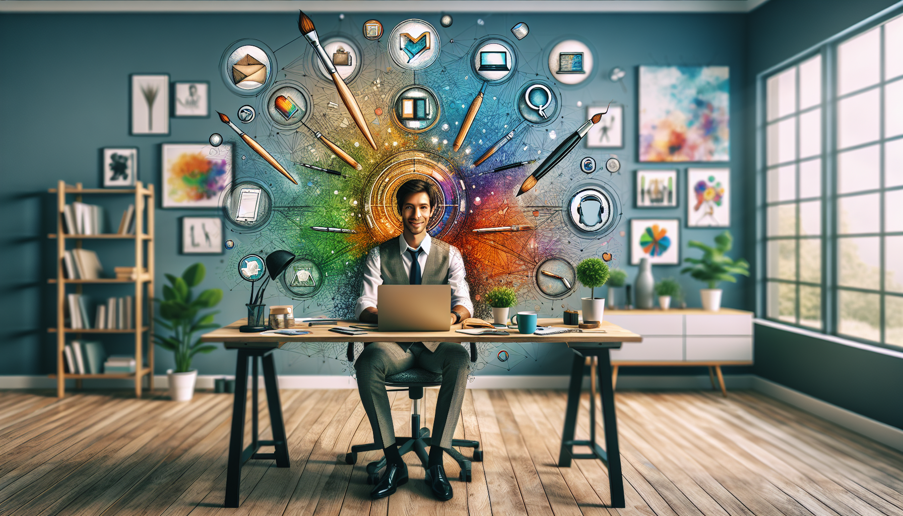 Create an image of a young, energetic professional sitting at a modern desk with a laptop, surrounded by icons representing various online side hustle jobs, such as freelance writing, graphic design, virtual assistant, online tutoring, and social media management. The background features a cozy home office with motivational posters and greenery, showcasing a balance of creativity and productivity.