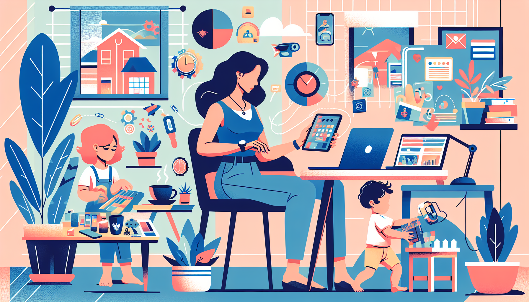 Create an illustration showcasing various top side hustles for stay-at-home moms. The image should feature a cozy home office setting where a mom is multitasking between different side jobs such as freelance writing on a laptop, managing an online store, conducting a virtual tutoring session, crafting handmade items, and engaging in social media management. Include elements like a child playing in the background to reflect the balance between work and parenting.