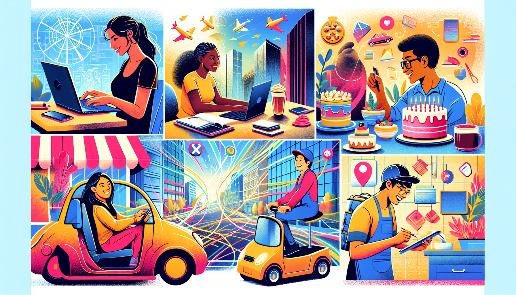 Create a vibrant and dynamic illustration showcasing various side hustles for boosting income in 2023. Include a person freelance writing at a laptop, another person driving for a ride-sharing service, someone baking and decorating cakes, a person tutoring online, someone reselling clothes online, and a busy delivery driver. The backdrop should be a bustling modern city with elements of technology and connection to emphasize the digital-era economy.