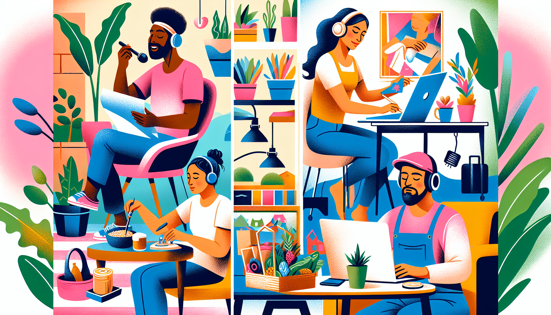 Create an image of a dynamic, modern workspace that showcases various side hustles: A person at a laptop doing freelance work, another crafting handmade jewelry, someone delivering groceries, and another recording a podcast. The environment is vibrant and energetic, highlighting the diverse ways people can make extra money today.