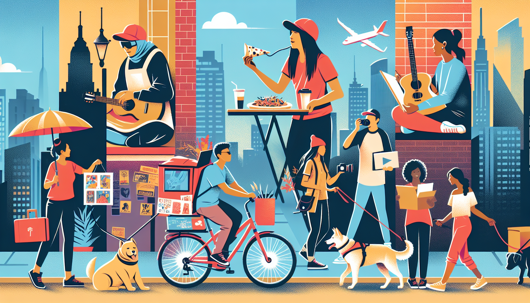 Create an image that features a busy urban scene with people engaging in various side jobs. Include a food delivery person on a bike, a dog walker with multiple dogs, a street musician playing guitar, a freelance photographer taking pictures, and a person handing out flyers. Ensure the scene is vibrant and bustling, capturing the essence of quick and diverse side hustles in the city.