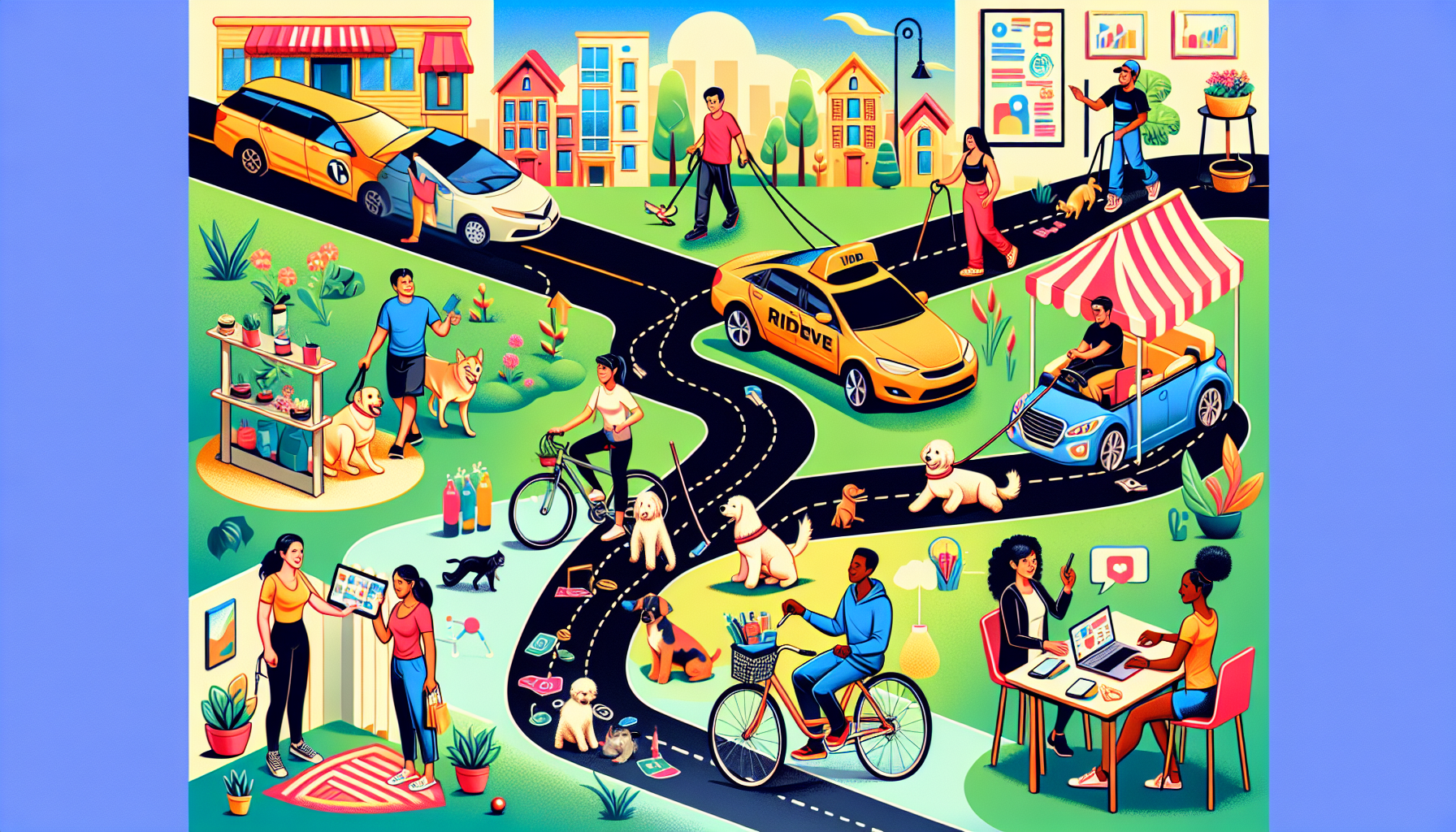 A vibrant and detailed digital illustration showing various side hustles. Include a person walking dogs, another person tutoring a student, someone driving a ride-share car, an individual delivering groceries on a bicycle, a person selling handmade crafts online, and another conducting an online survey at a desk. Each activity should be connected by a pathway that weaves through a lively urban and suburban setting, symbolizing the journey to earning extra income.