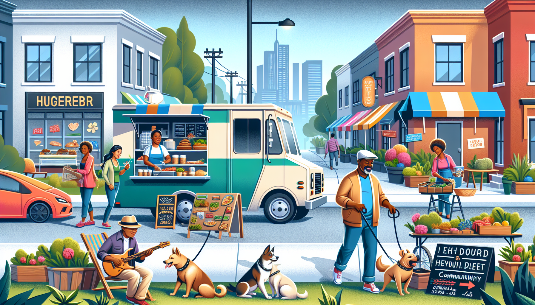 Create a vibrant street scene featuring people engaged in a variety of side hustles. Include a food truck vendor, a person walking dogs, a gardener working on a neatly kept yard, and a street musician playing a guitar. The background should feature a community center with a sign promoting local business opportunities, and a few market stalls selling handmade crafts and baked goods. The setting should be warm and inviting, emphasizing the sense of community and diverse opportunities to boost income locally.