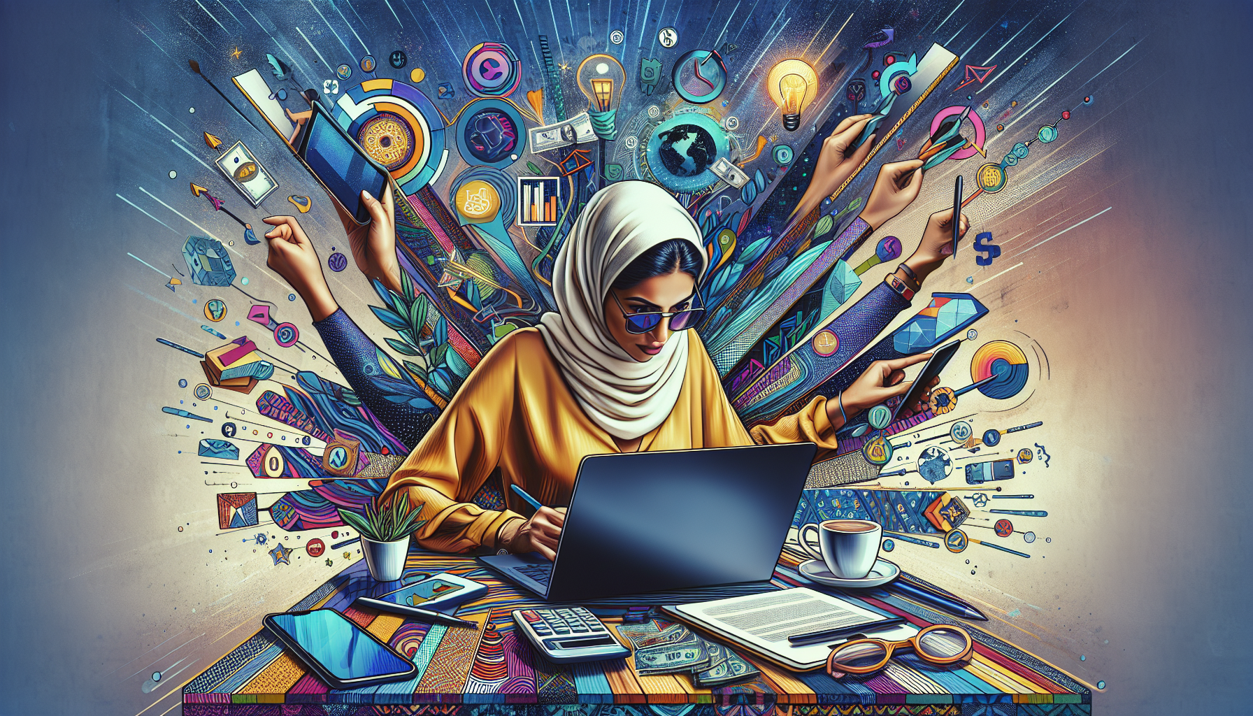 Create an image showcasing a person working at a modern desk setup with a laptop, smartphone, and multiple gadgets. The person is multitasking on various online side gigs like freelance writing, graphic design, tutoring, virtual assistant, and selling crafts online. Surround this scene with abstract icons and symbols representing money, growth, creativity, and connectivity. The background should be bright and motivational, highlighting the concept of boosting income through multiple online jobs.