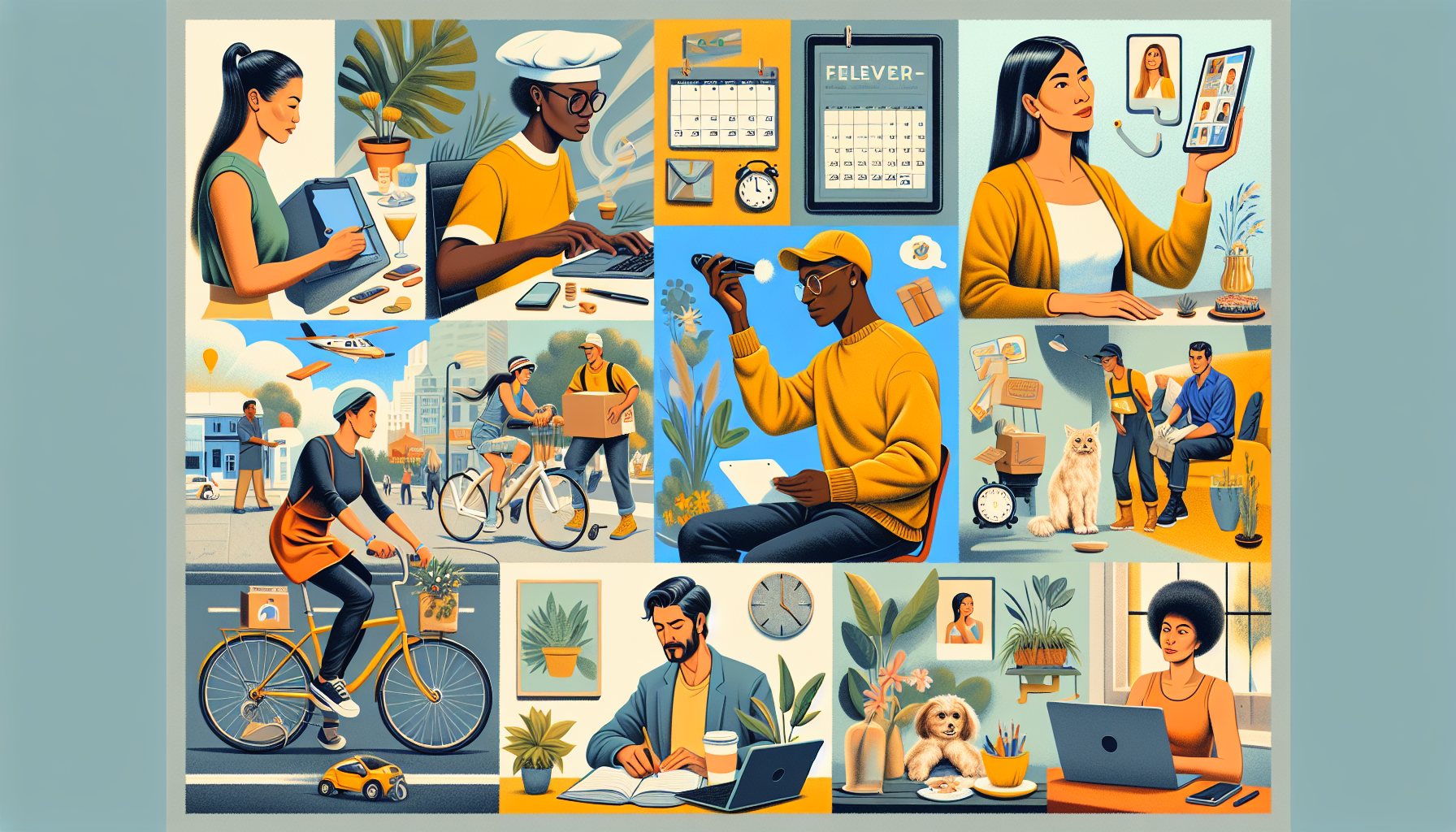 A vibrant collage showcasing diverse side hustles: a person doing freelance graphic design on a tablet, another typing away on a laptop for remote work, someone delivering packages on a bike, a home baker decorating a cake, an online tutor teaching students, a busy trade at a flea market stand, pet sitting, a social media influencer creating content, a part-time driver offering rideshare services, and a musician performing at a small venue. In the background, a calendar highlights the year 2023.