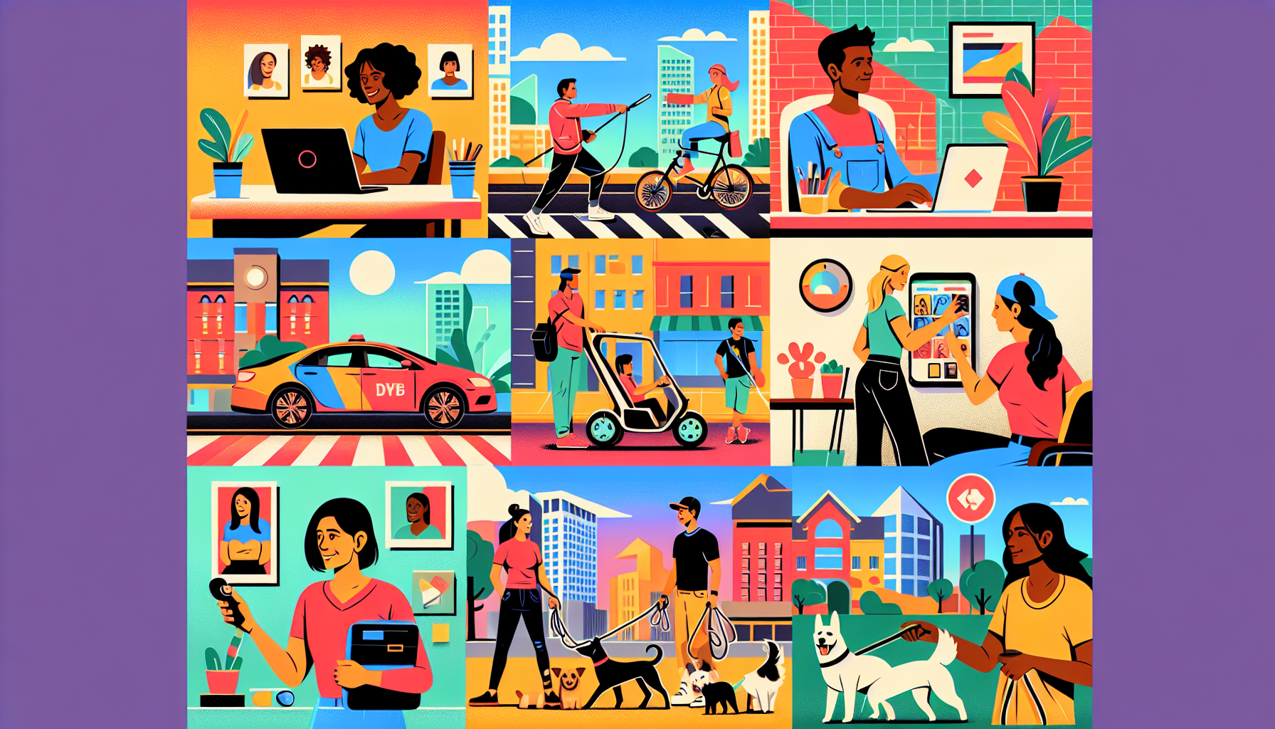 Create a vibrant and dynamic illustration that showcases various side jobs people can do to earn extra money. This image should include a freelance graphic designer working on a laptop, a rideshare driver picking up passengers, a dog walker strolling with multiple dogs, an online tutor teaching via video call, a handyman fixing a sink, a craftsperson selling handmade goods at a street market, a blogger writing articles, a social media manager scheduling posts, a cleaner tidying up a home, and a fitness coach conducting an outdoor class. The background should blend a cityscape and a suburban neighborhood to depict the diversity of side job locations.