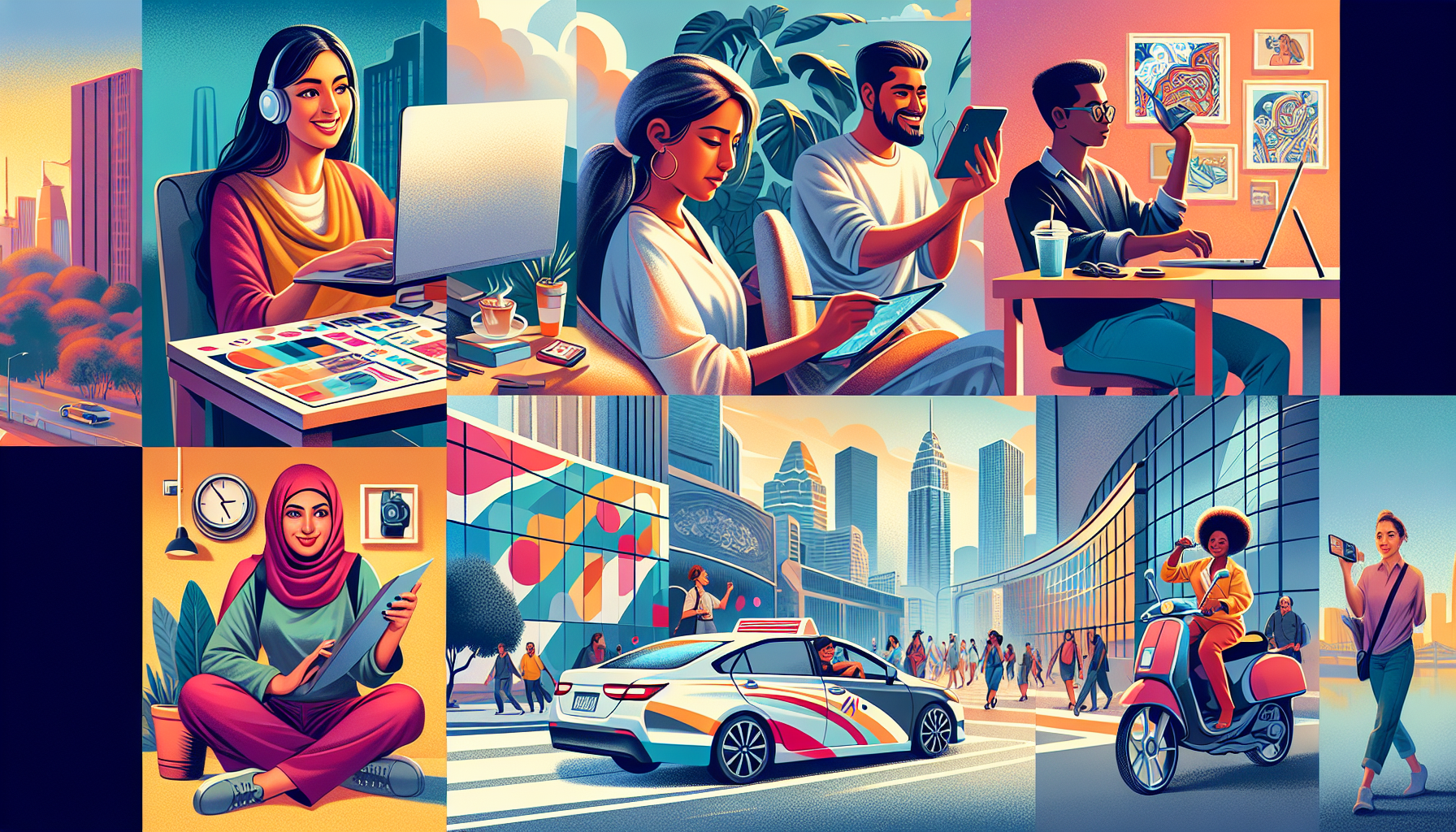 Create an image depicting people engaging in various side hustles in 2022, such as a person working on a laptop as a freelance graphic designer, another offering tutoring services online, someone driving a rideshare vehicle, and another individual taking photos for a stock photography site. The setting could be a vibrant, modern urban environment to reflect the dynamic and diverse nature of these side gigs.