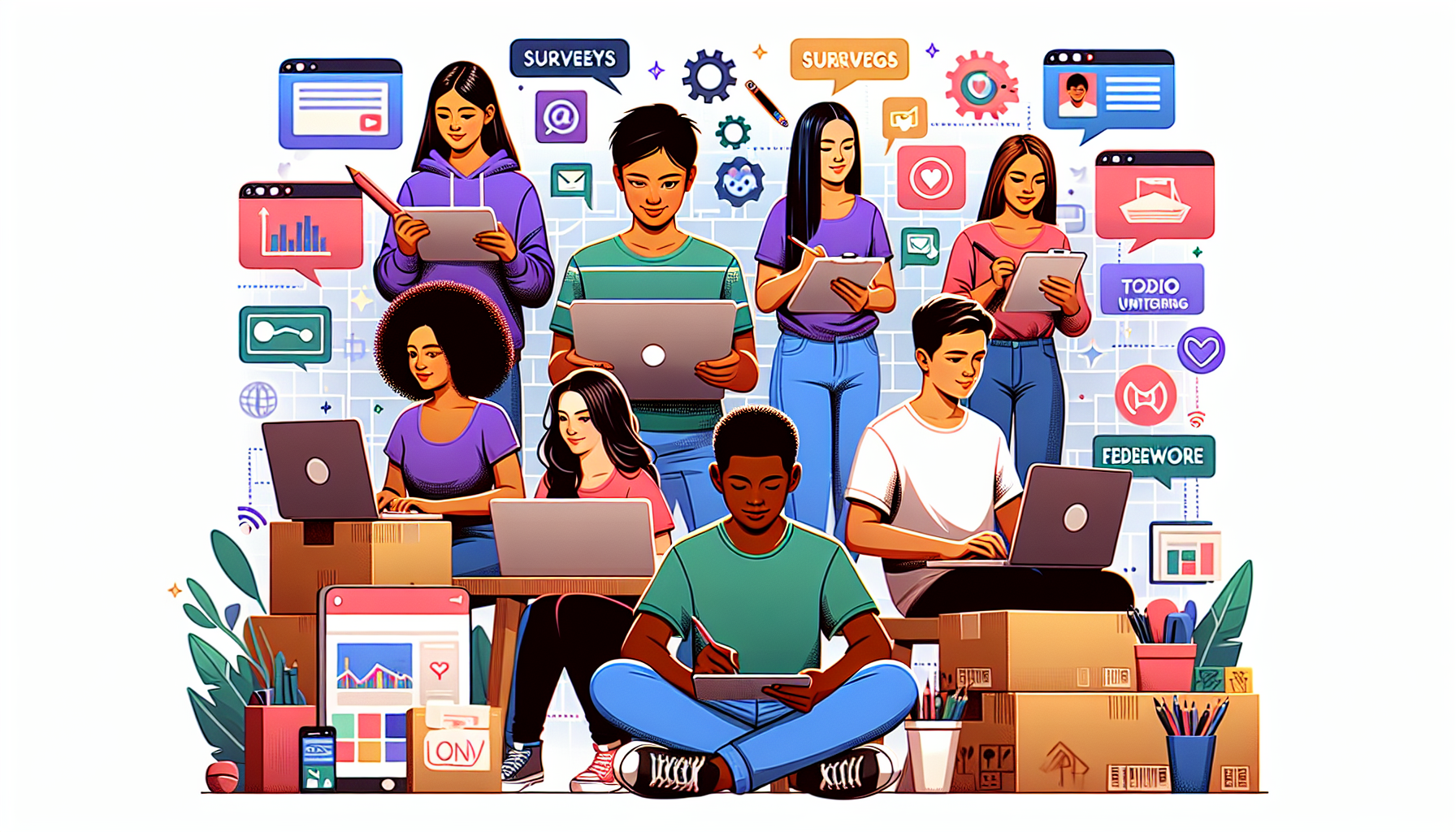 Create a vibrant and engaging illustration of various teenagers engaged in different online side hustles. Include scenes showing a teen doing graphic design on a laptop, another one tutoring a student online, one writing content on a tablet, and another teen managing a small online store with packages ready for shipment. The background should feature elements of a digital setting with icons representing tasks such as surveys, video editing, social media management, and freelance work. Add a playful yet professional atmosphere to reflect youthful energy and entrepreneurial spirit.