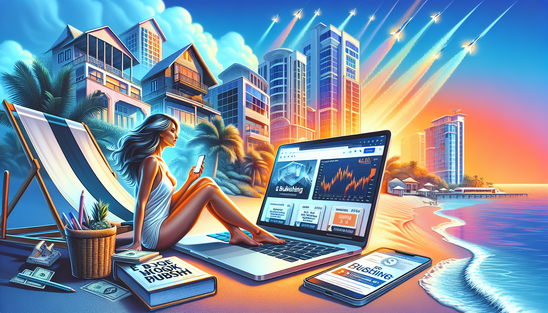 Create an image that showcases multiple passive income side hustles. Include elements like a person relaxing on a beach with a laptop, a smartphone displaying a stock trading app, a book with the title E-Book Publishing, real estate properties, and a blog site with advertisement banners. Make the scene vibrant and aspirational, emphasizing the ease and flexibility of earning extra income passively.