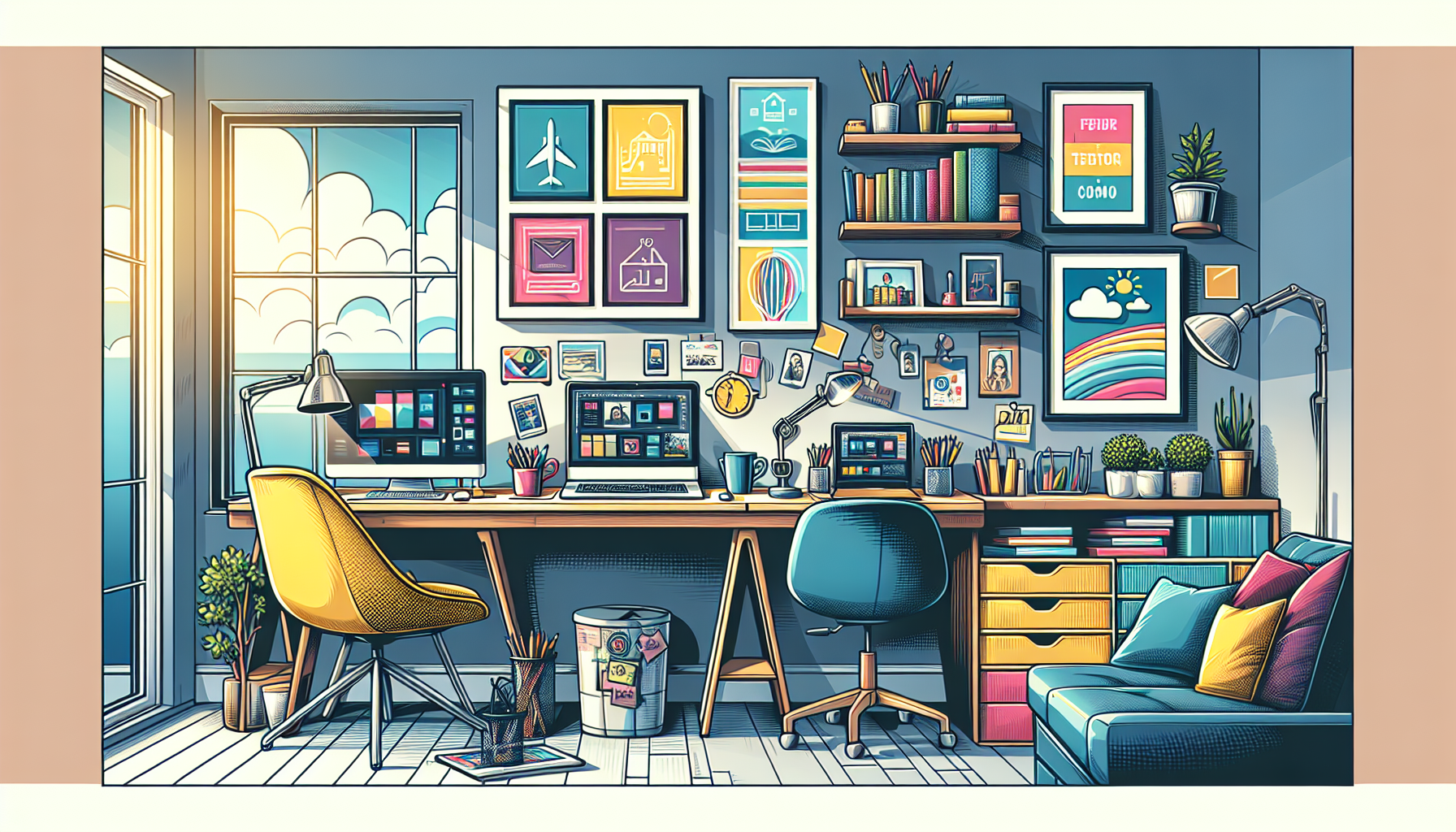 Illustration of a cozy home office with a laptop, tablet, and smartphone, depicting various remote side hustles like freelance writing, virtual tutoring, graphic design, and social media management. The background shows a modern, well-lit room with motivational posters, a coffee mug, and a comfortable chair, emphasizing productivity and a balanced lifestyle.