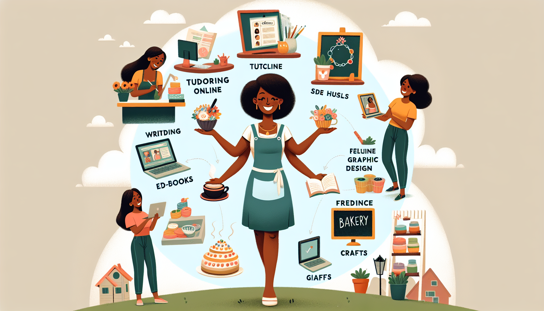 Create an image of a friendly, cheerful teacher balancing different side hustles. The teacher stands in the center, with various activities floating around them like tutoring online, writing and selling e-books, selling handmade crafts on Etsy, doing freelance graphic design, conducting virtual fitness classes, and running a small home bakery. The background shows a light, optimistic color palette that conveys motivation and opportunity.