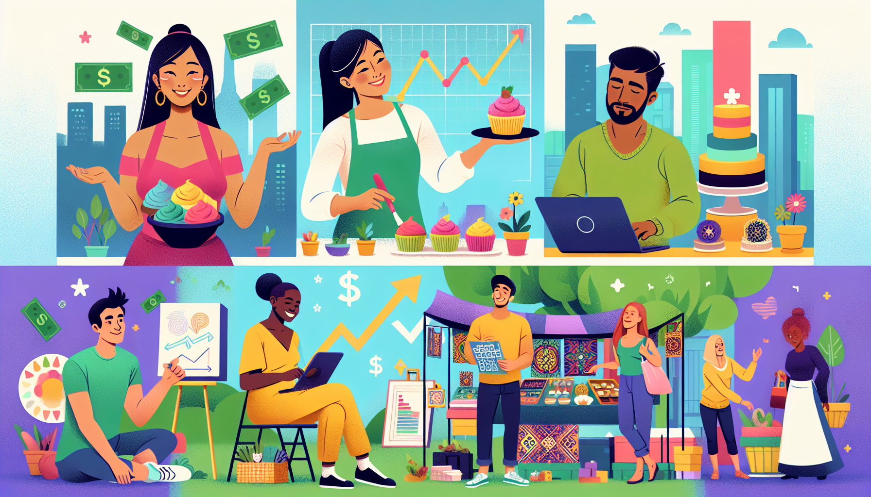 Create an illustration depicting a diverse group of individuals engaging in various side businesses. One person can be baking and selling cupcakes from home, another working on graphic design projects on a laptop, a third person organizing a small market stall selling handmade crafts, and another giving a yoga class in a park. The backdrop should have elements representing growth and success, such as upward-trending graphs, dollar signs, and happy customer interactions. The overall atmosphere should be encouraging and inspiring.